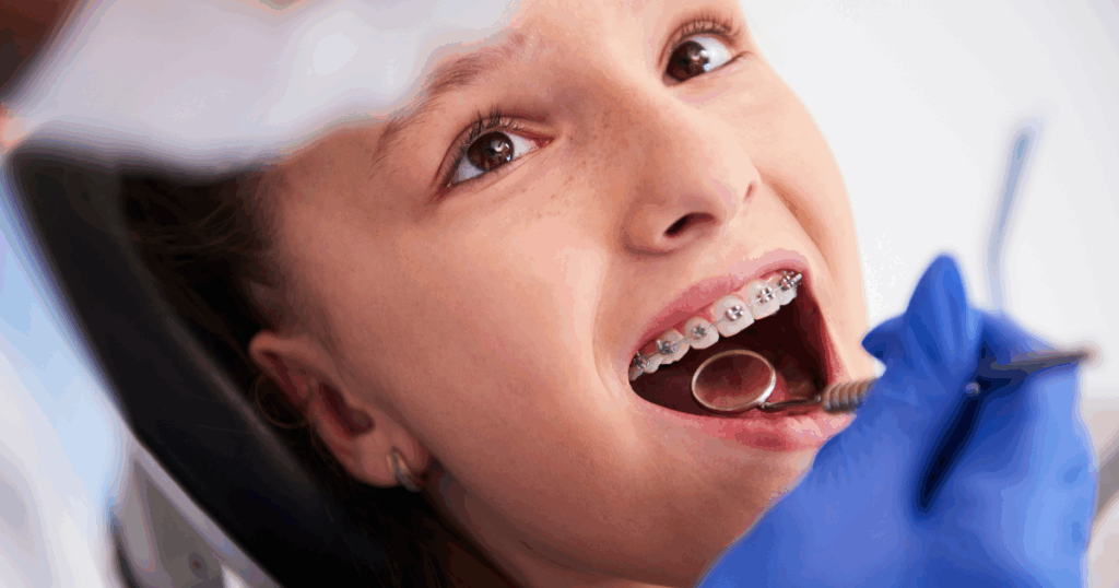 Dental braces on teeth with orthodontist explaining treatment phases