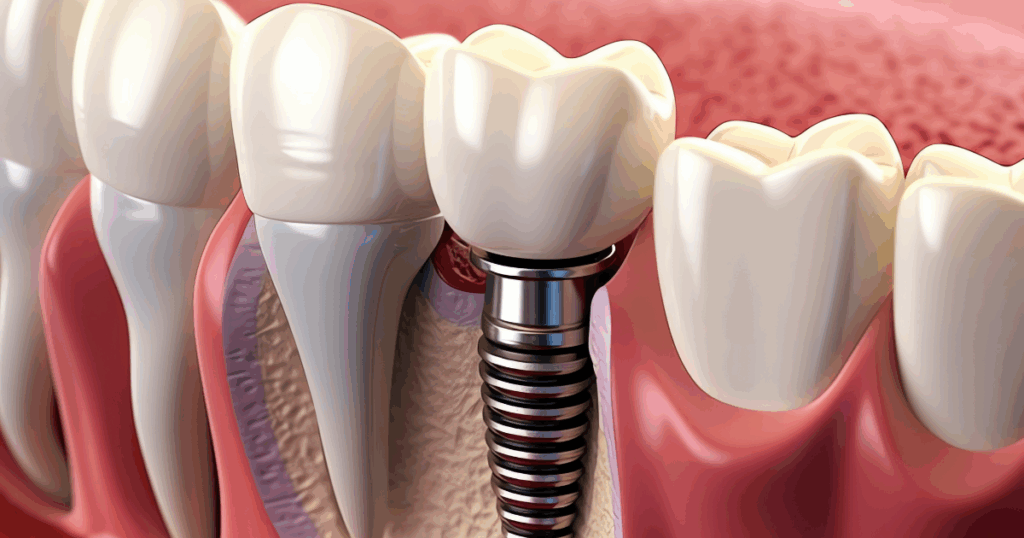 Close-up of a dental implant model showing artificial tooth and titanium root