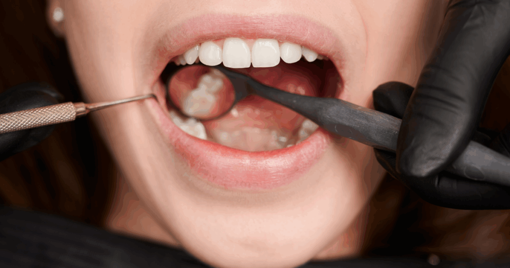 Close-up of dentist checking gumline cavity