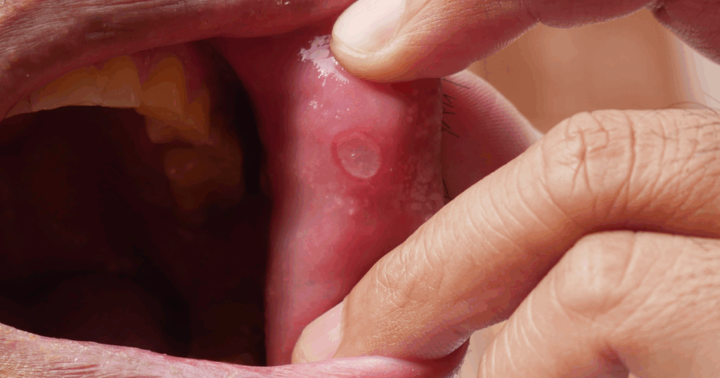 Close-up of a patient with a recurring mouth ulcer