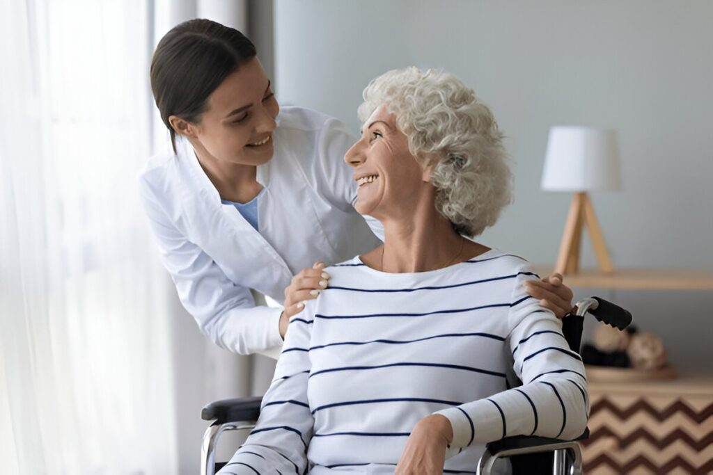 Dentist assisting an elderly Alzheimer’s patient with gentle oral care at Gravity Dental