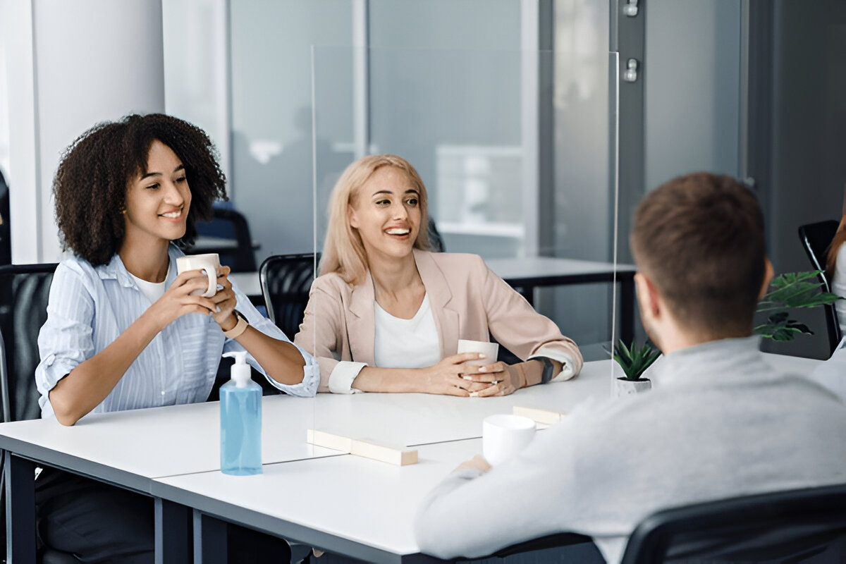 Office worker experiencing dental issues from stress, snacking, and poor posture - people with clean teeth in office